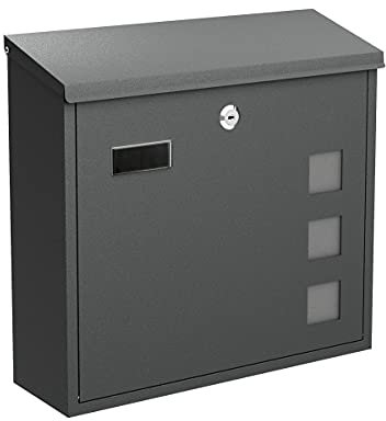 BASI Briefkasten mit Sichtfenster | Wandbriefkasten aus Stahl | Farbe Anthrazit Matt | mit Namensschild | Zylinderschloss mit 2 Schlüssel | inkl. Befestigungsmaterial