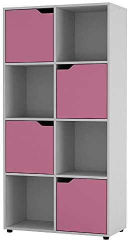URBNLIVING Bibliothèque cubique en bois avec portes (8 cubes, bibliothèque blanche et porte rose)