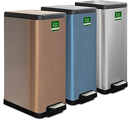 Floordirekt Poubelle de cuisine, de salle de bain, en acier inoxydable, avec système d'abaissement automatique, seau intérieur amovible, avec poignée de transport, 20,5 x 37 x 45,5 cm, bleu, 15 l,