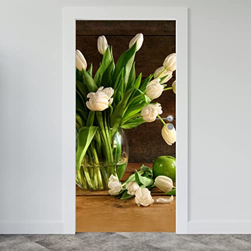 Estika Türtapete selbstklebend - Weiße Tulpen - 95x205 cm - Einem Bogen Türposter, Blumen Türaufkleber, Aufkleber PVC Folie, Klebefolie für türen, Tür tattoo, Modern decoration