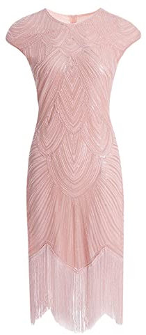 HAHAEMMA Robe moulante des années 1920 pour femme - Dos nu - Motif Charleston - Robe de cocktail Great Gatsby - Ourlet à paillettes - Robe de cocktail - Robe de bal de fin d'année, a-rose, L