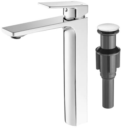 Chrome Vessel Sink Facuet Single Handle Tall Bathroom Sink Faucet Bathroom Vanity Faucet Basin Mixer Tap with Water Supply Lines and Pop Up Sink Drain