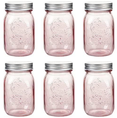 Amzcku 16 oz Rose Pink Mason Jars with Lids, 6 Pack Regular Mouth Quart Canning Jar, Safe For Storage, Canning, Pickling, Preserving, Fermenting, DIY Crafts & Decor