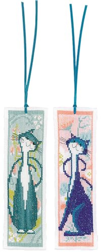 Vervaco Lesezeichen Kreuzstich Stickpackungen Gezählter Kreuzstich Set Flower cats 2er DIY Set Erwachsene Sticken Lesen Zubehör Geschenk Zählmusterpackung ca. 6 x 20 cm Stickset für Anfänger