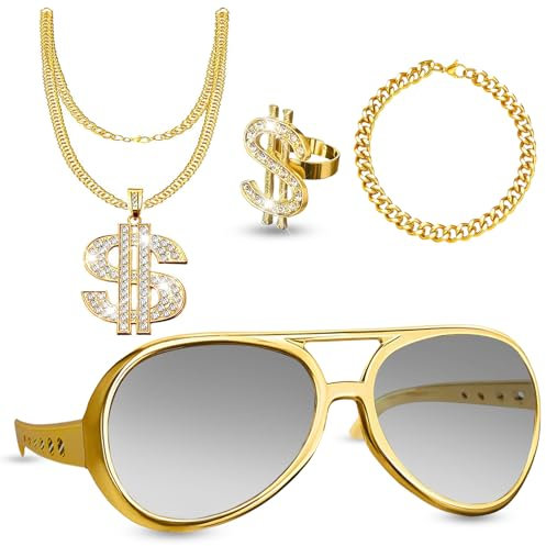 4 Stück Dollar Kette Set, Hip Hop Kostüm Set, Zuhälter Kostüm Set, 80er 90er Jahre Outfit Herren, Dollar Zeichen Halskette Ring Sonnenbrille Goldkette Rapper Accessoires für Fasching Karneval Party