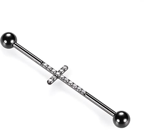 AROWRO Industrial Piercing Schmuck 14G Industrial Bar Industrial Ohrringe Chirurgenstahl Industrial Barbell Würfel Zirkon Knorpel Piercing Schmuck 1 1/2 Zoll 38mm Black Cross Industrial Barbell