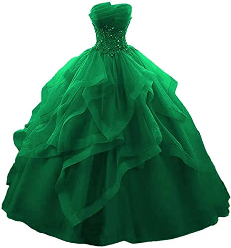 WSEYU Vestido largo de fiesta con volantes, vestido de quinceañera, sin tirantes, encaje de tul, con cuentas, vestido de noche de princesa, verde, 36