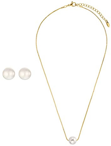 Heideman Set Fabien Halskette und Ohrstecker aus Edelstahl gold farbend poliert Kette und Ohrringe für Frauen mit Perle weiss vergoldet