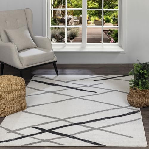 Livabliss Zagreb Tapis Géométrique Scandinave - Grand Tapis Salon, Salle à Manger, Chambre, Cuisine - Design Boheme Chic, Berbere Moderne, Poil Court 120x170 cm - Blanc, Gris, Noir