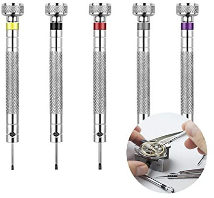 Kit Petit Tournevis Precision Pour Horlogerie/Lunettes, Ouvre Boitier Montre, Kit Outil Montre pour Remplacement Pile avec Phillips&Flat&Hex Tournevis, Lot de 5 tournevis de précision pour horloger