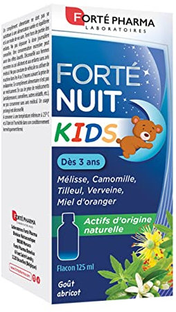 Forté Pharma – FortéNuit Kids - Sirop Sommeil Enfant – Dès 3 ans - Actifs d'origine naturelle – Mélisse, Camomille, Verveine, Tilleul, Miel d’oranger - Flacon 125ml – Buvable sans Eau - Goût Abricot