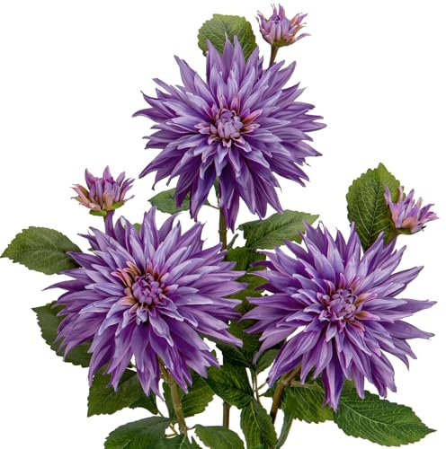 Grandes fleurs de dahlia artificielles de 19,1 cm avec longues tiges, 3 fleurs artificielles violettes et 3 faux bourgeons décoratifs, arrangements floraux pour décoration d'intérieur, salon, cuisine,