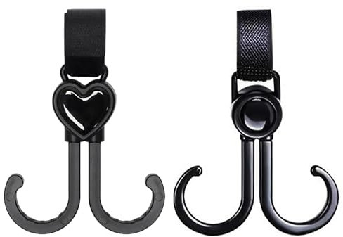 2 Ganci a Doppia Testa per Passeggino per Bambini, Ganci a Forma Di Cuore E Rotondi, Modelli Di Auto Universali, Borse, Bottiglie D'acqua Doppi Ganci Rotanti Riutilizzabili (Nero)