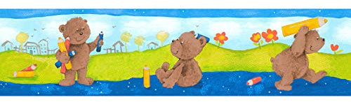 BRICOFLOR Frise papier peint à motif pour chambre d'enfant Frise tapisserie jaune, vert, bleu et rouge Frise murale motif ourson