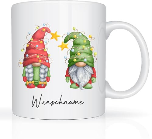 Print-Klex Tasse mit Namen und lustigem Zwergenpaar Motiv Bedruckt Namentasse Namensbecher Xmas Geschenktasse Weiß Kaffeebecher Teetasse Weihnachtstasse Keramik mit Druck 330ml Tasse mit Text