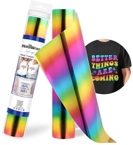 TECKWRAP PU Metallic Heat Transfer Vinyl Roll 12 x 5ft Chrome HTV for DIY Clothing,T-Shirts,Fabric Foil Iron on Vinyl Compatible with Heat Press Craft Cutters,Rainbow