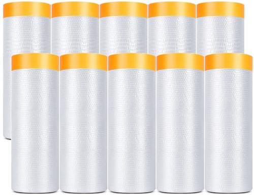 YOUMEIYUAN plastic for painters with tape, pre-engraved mask film, 10 rolls of best automotive tape and curtain, paint adhesive protective film roll to cover baseboards, frames,