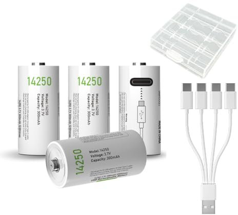 Lot de 4 batteries rechargeables lithium-ion USB 14250 - 3,7 V - 300 mAh - Taille 1/2 AA - Peut remplacer les piles 3,6 V LS14250 ER14250 CR14250 - Câble de charge de type C - Protection contre les