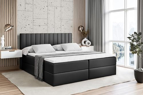 ALTDECOR Boxspringbett mit Matratze und Lattenrost, Boxbett, Topper, Polsterbett mit Bettkasten, Bett mit Stauraum H4-Matratze, Doppelbett, Springboxbett - Edita - 180x200 - Schwarz Kunstleder