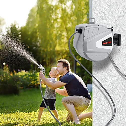 Fiqops Schlauchtrommel Schlauchbox 20+2m, Automatik Schlauchaufroller,Wand-Schlauchbox mit Handbrause Gartenschlauch,180°Drehen Wasserschlauch Trommel Schlauchtrommel,Gartenbewässerung