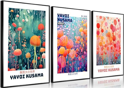 Yayoi Kusama – Lot de 3 toiles murales abstraites japonaises – Impressions sur toile vintage Tokyo – Affiches esthétiques pour salle de bain, cuisine, galerie, salon, chambre à coucher – Sans cadre