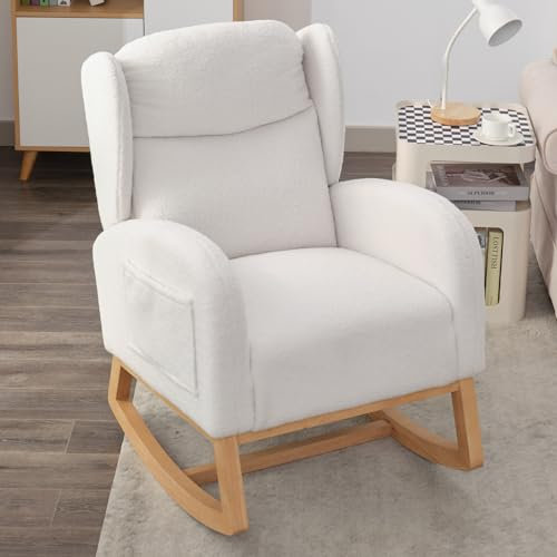 DEKKETO Teddy Schaukelstuhl Wohnzimmer, Bequem Stillsessel Sessel zum Stillen, Relaxstuhl Schaukelsessel Schwingsessel aus Holz, Kuschelsessel Erwachsenez, Weiß