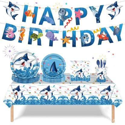Decoración de fiesta de cumpleaños de tiburón, Decoración de Cumpleaños de Fiesta Temática del Océano, recuerdos de fiesta de tiburón, platos, tazas, servilletas, mantel, telón de fondo de feliz cumpl