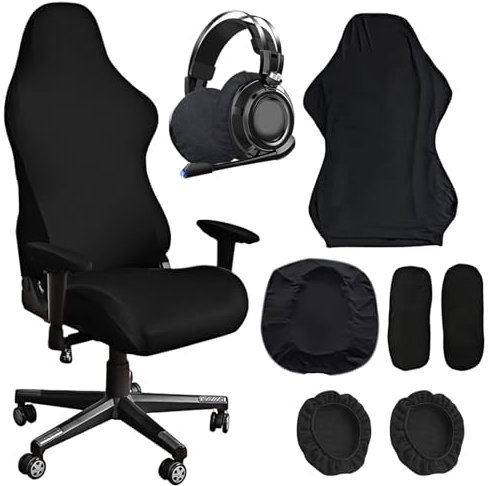 WIYETY Housse de chaise de gaming - Noir - Extensible - Pour ordinateur de jeu - Style racing - Chaise de bureau (noir, avec housse pour écouteurs)