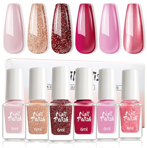 Pink Nail Polish Set - 6pcs Quick Dry Varnish, Glitter Polish With Water Based Non-Toxic Formula Paint for Women Teen Girl Manicure Gift Set