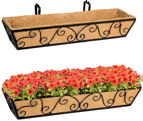 HFHOME 2Pcs 30/76.2cm Hanging Flower Boxes, Metal Butterfly Planter Box with Coconut Coir, Gardening Kit for Railing Window Box Porch Balcony & Outdoor Fences