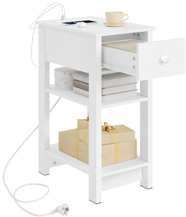 WOLTU Nachttisch mit Ladefunktion, Beistelltisch schmal, 30x65x45 cm, Nachtschrank mit 2 Steckdosen, 2 USB-Anschlüssen, weiß, Nachtkästchen modern, für Schlafzimmer Wohnzimmer, NTS20ws