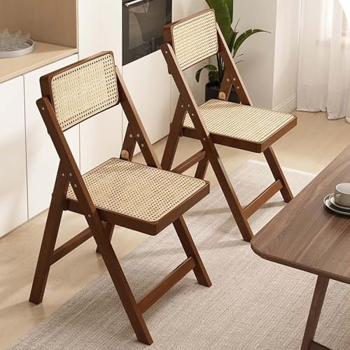 GAOCUNBING 2 Artikel Rattan-Klappstuhl, tragbare Esszimmerstühle für den Innenbereich, Mid-Century-Vintage-Holzstuhl mit Rattan-Imitat-Rückenlehne, stapelbarer Zusatzstuhl Walnut