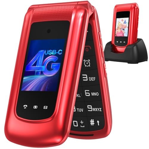 CHAKEYAKE 4G Telefono Cellulare per Anziani,Dual SIM, Flip Telefoni Cellulari con Tasti Grandi, Funzione SOS, Volume alto, 2.4+1.77 Doppio Display, Torcia, Base (Rosso)
