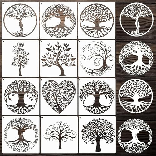 12Pcs Tree of Life Stencil,Reusable Art Templates for Painting and Crafts,15 cm x 15 cm,Painting Templates for Wall Floor DIY Decorations
