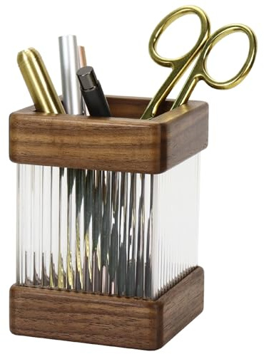 Walnut Wood Acrylic Pen Holder, Clear Square Pencil Cup | Clear Compartment Design, Stores Pens, Pencils and Stationery, for Office Desks, Home Workspaces and School Study