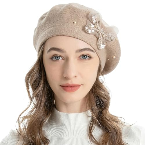 ZLYC Womens French Beret Hat Reversible Solid Color Cashmere Mosaic Warm Beret Cap(Butterfly Beige),One Size