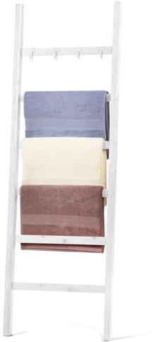 Relquorax Toallero de escalera de bambú, estantería con 6 travesaños y 4 ganchos, escalera para colgar toallas y ropa para el baño, 170 x 43 cm (Altura x Anchura) (Blanco)