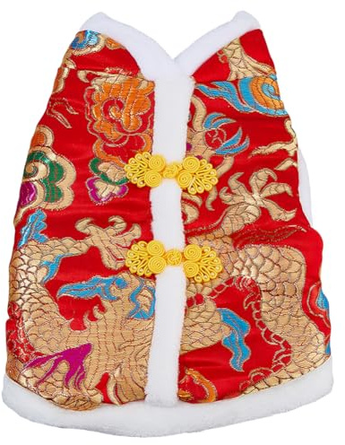 SUPERFINDINGS New Year Dog Costume Winter Dragon Knot Buttons Chinese Spring Festival Pet Clothes Vest of the Tang Dynasty Christmas Coat Clothes for Teddy Bichon Small Medium Dogs M(26.5x20x1cm)
