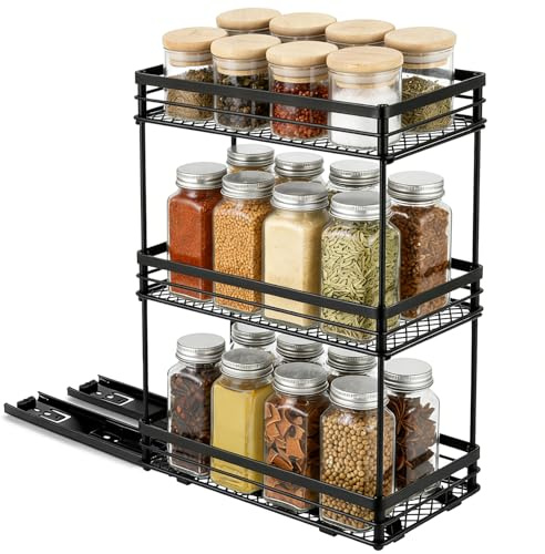 Toyzy Gewürzregal Ausziehbar, 3 Etagen gewürz organizer, gewürzregal ohne bohren, Schwarz Metall 40.5cm x 15cm x 26cm, gewürzregal schublade, küchen organizer schrank