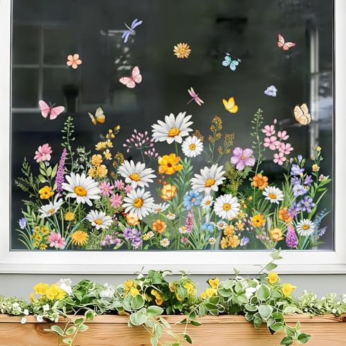 Tanlaby Fensterbilder Gänseblümchen Wildblumen Schmetterling Fensteraufkleber