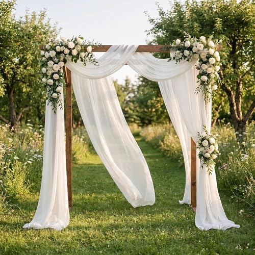 2 Stück Hochzeitsbogen Vorhang Querbehang, 75x600cm Chiffon Stoff Tüll, weicher Gardinenstoff für Hochzeitsdeko, Fotohintergrund, Party (Cremeweiß) (Weiß)