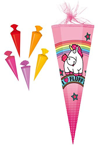 Set Schultüte + 5 kleine Zuckertüten - Einhorn Fluffy & Regenbogen - Minions - 70 cm - Filzabschluß - Zuckertüte - mit/ohne Kunststoff Spitze - Nestle..