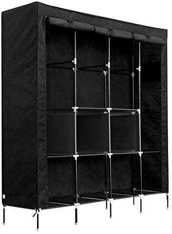 Meerveil Kleiderschrank Höhe 180cm, Stoffschrank Faltschrank mit 4 Kleiderstangen und 2 Taschen, 180cm*170cm*45cm (Schwarz2)