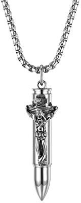 JewelryWe Schmuck Herren Halskette Edelstahl Retro Jesus Christus Kreuz Patronenhülse Gewehrkugel Anhänger Memorial Asche Urne Kette Silber