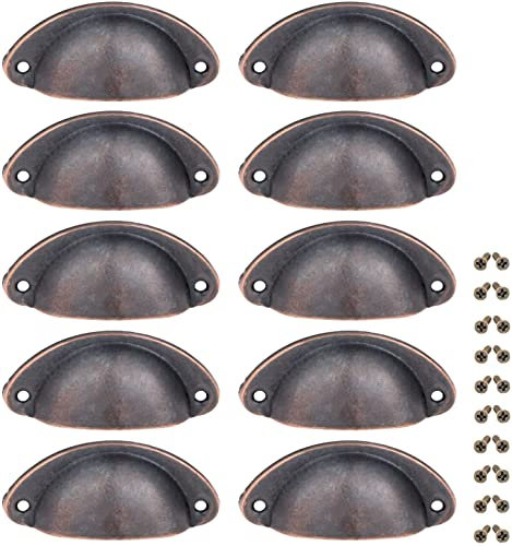 Yetaha 10PCS Handles for Chest of Drawers, Cabinet Cup Pull Handle, 82x35mm Shell Pull Handles, Vintage Antique Kitchen Cupboard Pulls Furniture Knob, Antique Copper
