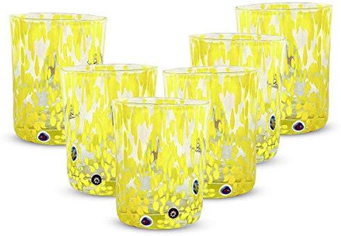 Gocce di Murano 6 Bicchieri Acqua Lavorati Secondo la Tradizione degli Artigiani di Murano, Bicchiere Soffiato e Lavorato a Mano 300 ml - Bicchieri Acqua Vetro Arcobaleno Pioggia