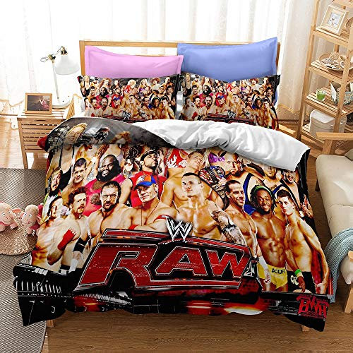 NICHIYOBI World Wrestling Entertainment WWE Bettbezug Bettwäsche Set - Bettbezug und Kissenbezug,Mikrofaser,3D Digital Print dreiteiliger Bettwäsche (8,Single 135x200cm+80 * 80cm)