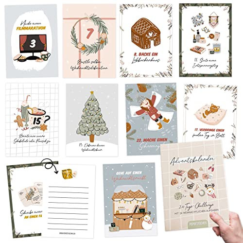 Papierdrachen Karten-Adventskalender 2024 zum Selbstgestalten u. Verschenken - 24 Tage Challenge | Postkarten | Geschenkidee in der Vorweihnachtszeit | mit liebevollen Motiven zum Aufhängen - Set 8