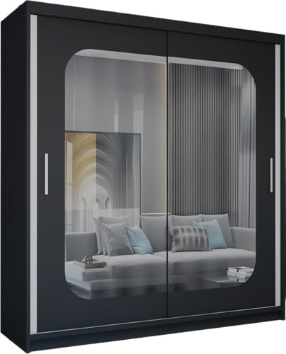 MN Furniture Modern Double Sliding Door Wardrobe 2 Mirrored Hanging Rails & Shelves Storage Cabinet for Bedroom (203cm, Marika Black)