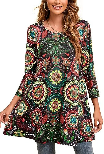 Enmain Womens Long Sleeve Tunic Top Casual Ladie Longline Tunics Blouse Paisley Swing Top for Leggings Slouch Loose Fit Lightweight Plus Size for Festival Party L